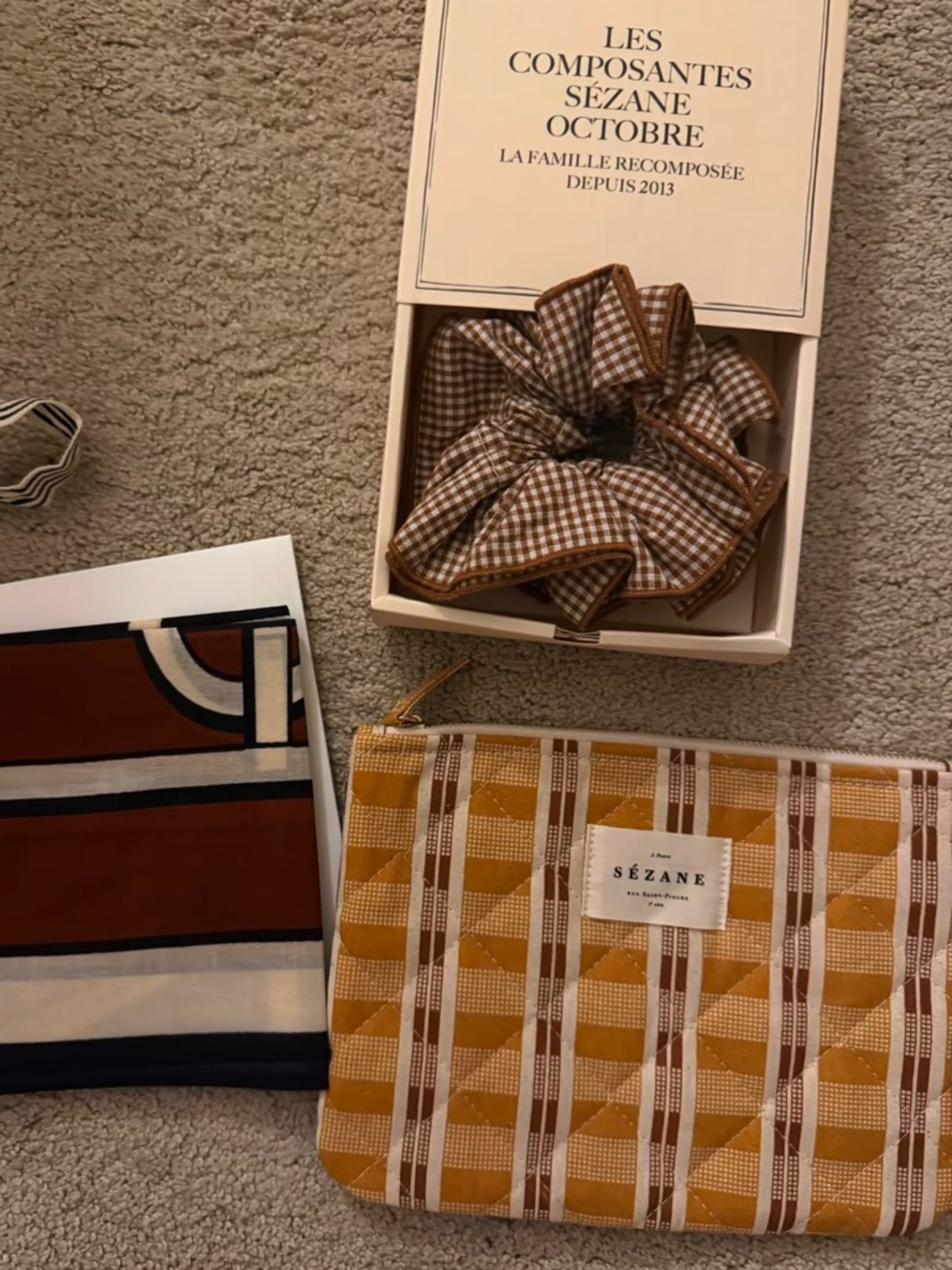 Sezane Yellow and Brown Plaid Quilted Pouch